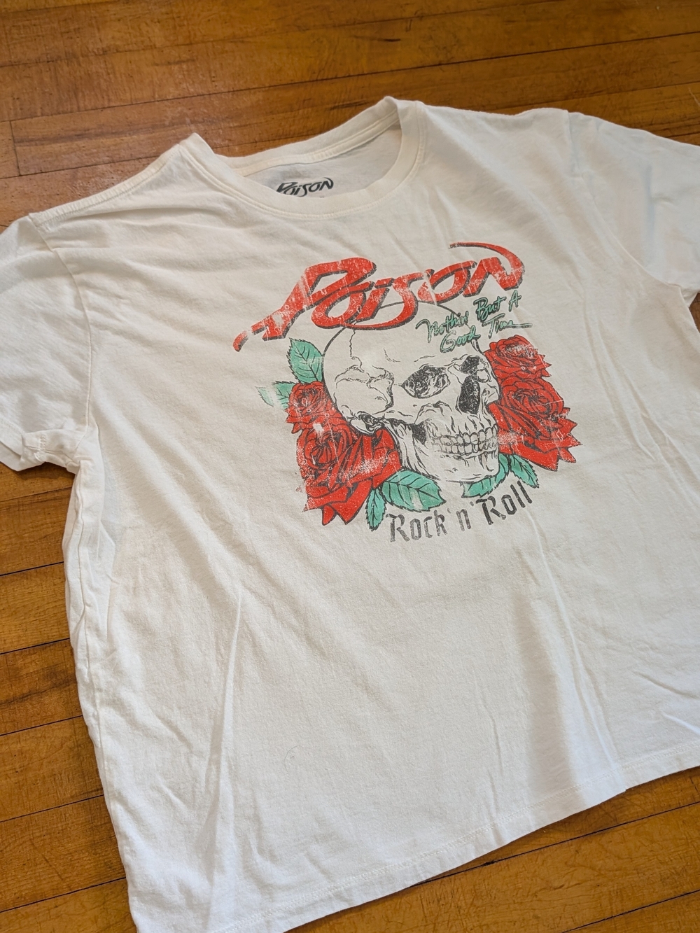 Women's 2XL White Poison Rock Band Graphic Tee - White with Red Roses